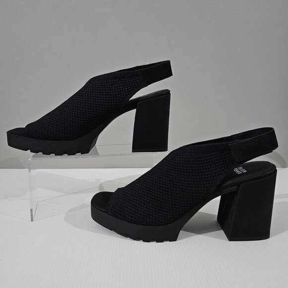 NEW Eileen Fisher Cue Sandal 11 Black Stretch Knit Slingback Chunky Platform - Picture 2 of 13